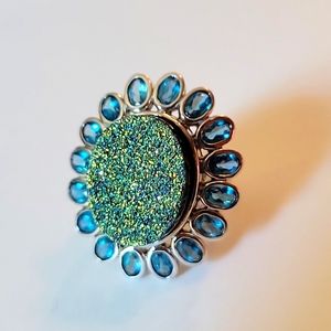 RSI (rarities?) Druzy quartz and blue topaz sterling silver ring
